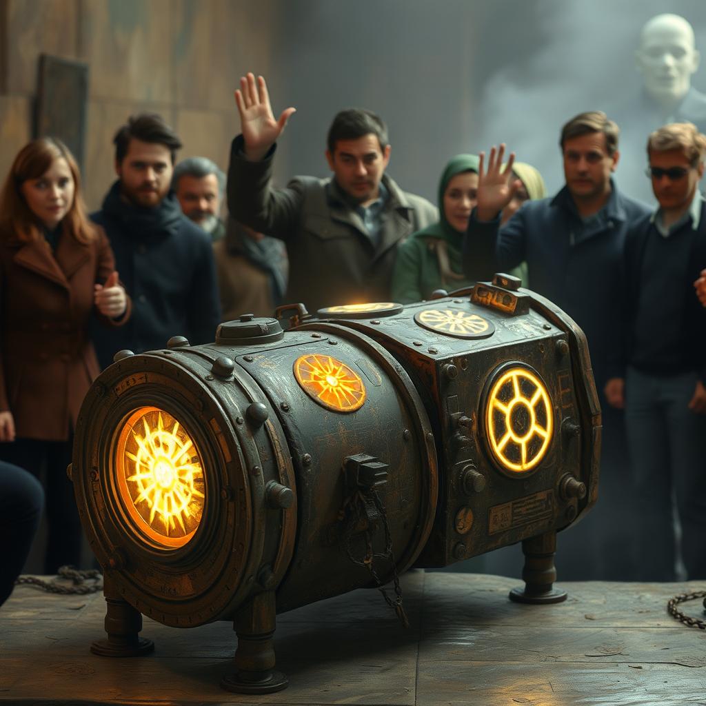 An old, strange device with glowing mysterious symbols, surrounded by a team of people expressing astonishment and confusion, while a mysterious man waves in the distance