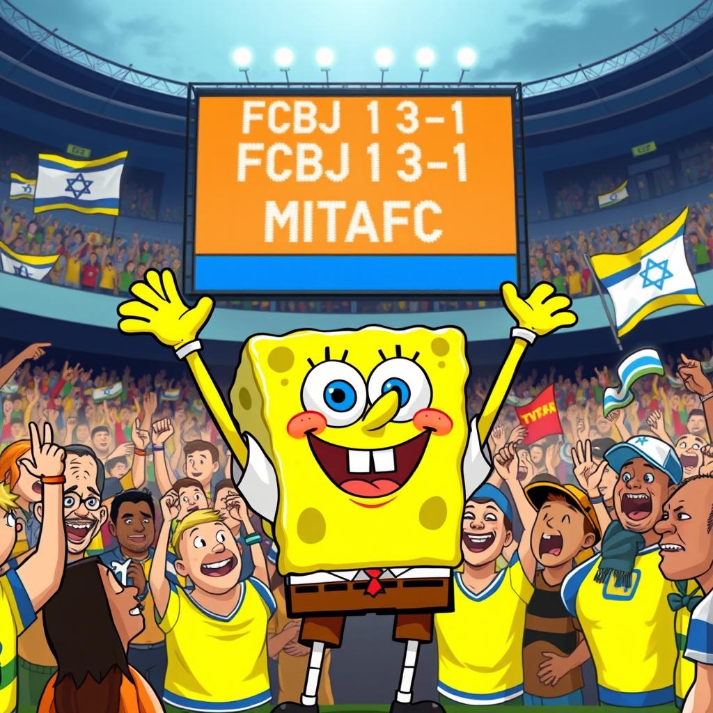 A spirited illustration featuring SpongeBob SquarePants as a passionate super fan of the Israeli soccer team Beitar Jerusalem, proudly wearing the team's current season's eye-catching yellow and black uniform