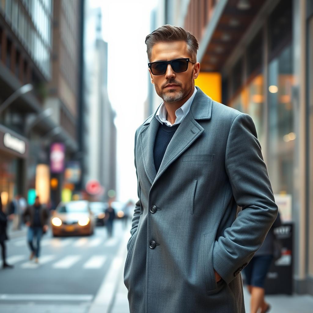 A tall, handsome male in his 40s, confidently standing in an urban environment