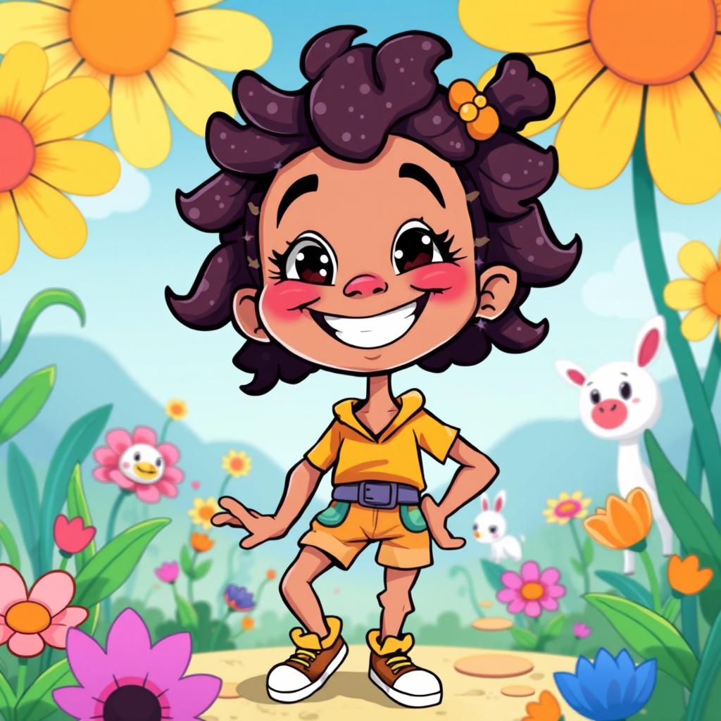 A colorful and lively cartoon-style illustration of a cheerful character, with exaggerated facial features and bright clothing