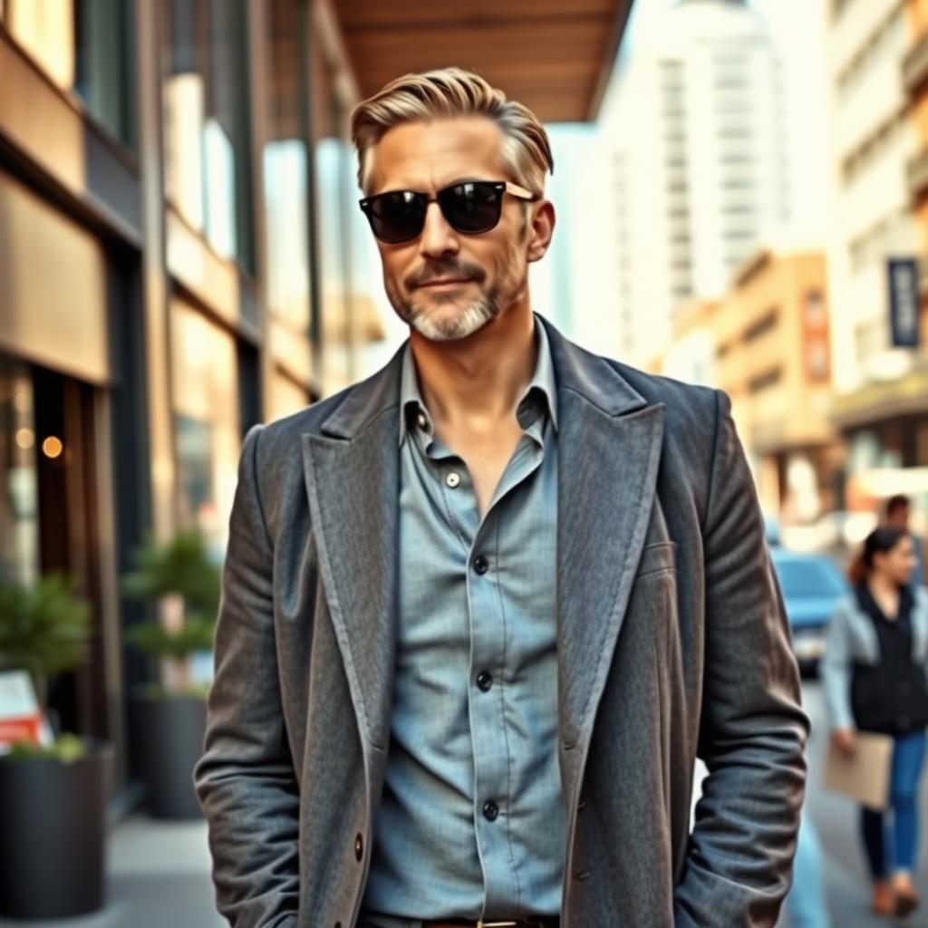 A tall, handsome male in his 40s, exuding confidence, standing against a stylish urban backdrop