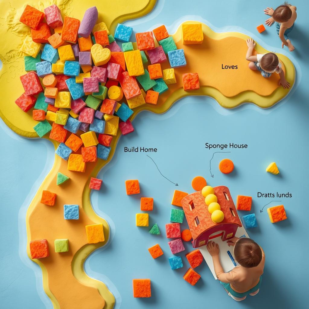 A colorful aerial map illustrating a whimsical scene where children are creating a home out of brightly colored sponges