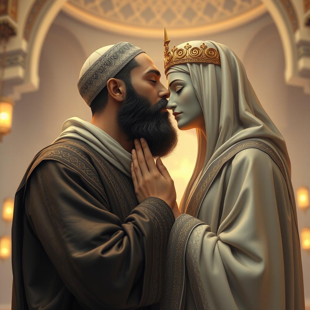 A detailed and artistic representation of a bearded Muslim man engaging in a tender kiss with a figure symbolizing Muhammad, portrayed in a respectful and reverent manner