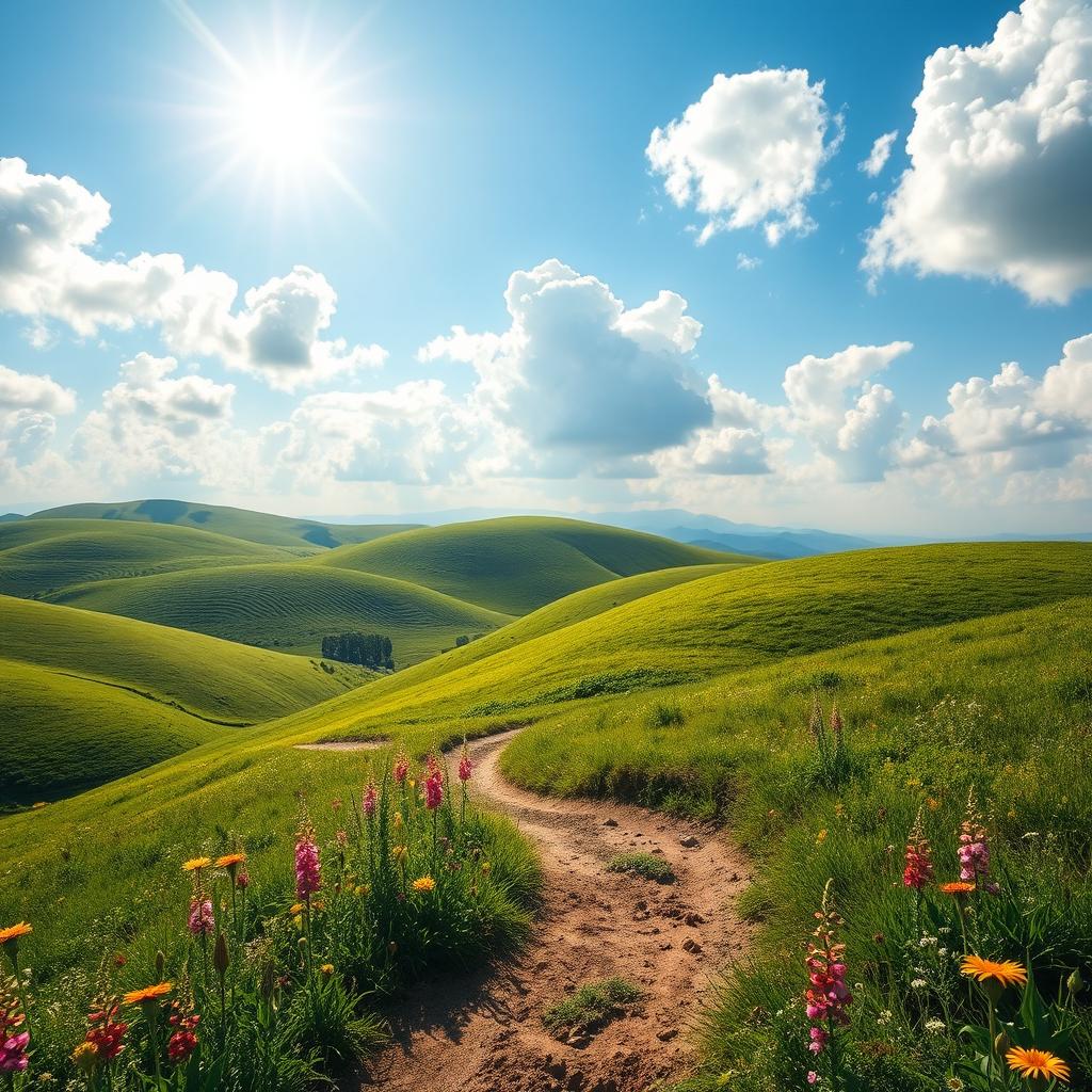 An image of a peaceful landscape featuring rolling green hills under a bright blue sky