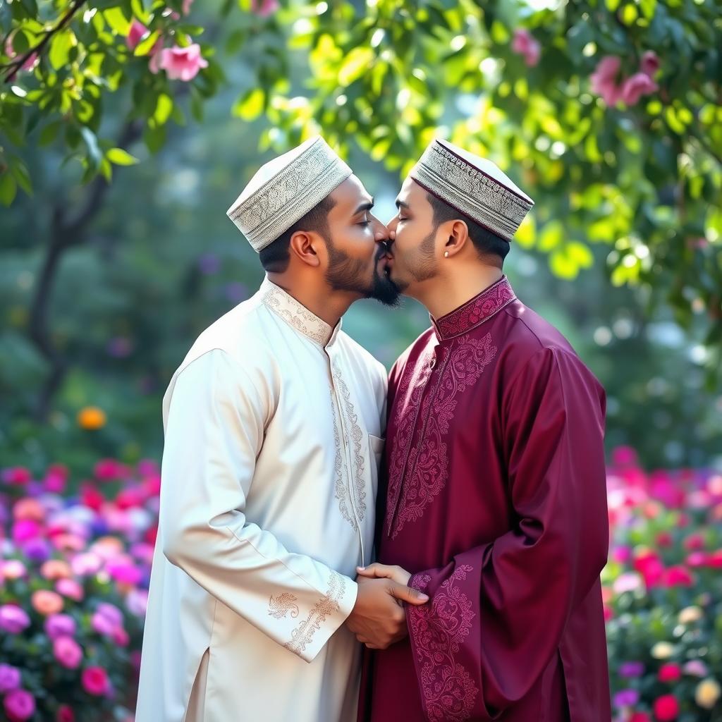 A heartwarming and intimate scene of two Muslim men sharing a gentle kiss in a beautiful outdoor setting