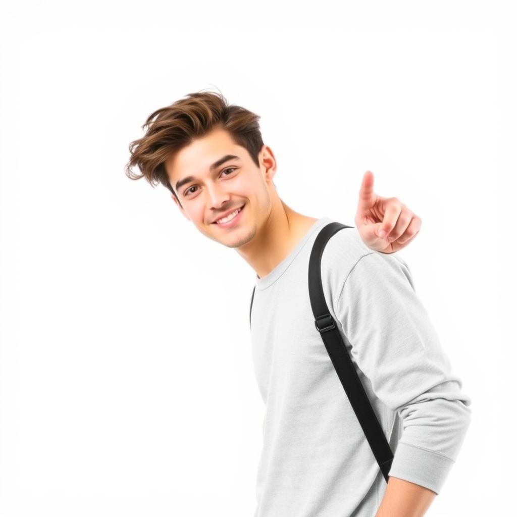 A handsome young man standing on the right side of the image, pointing towards the left side