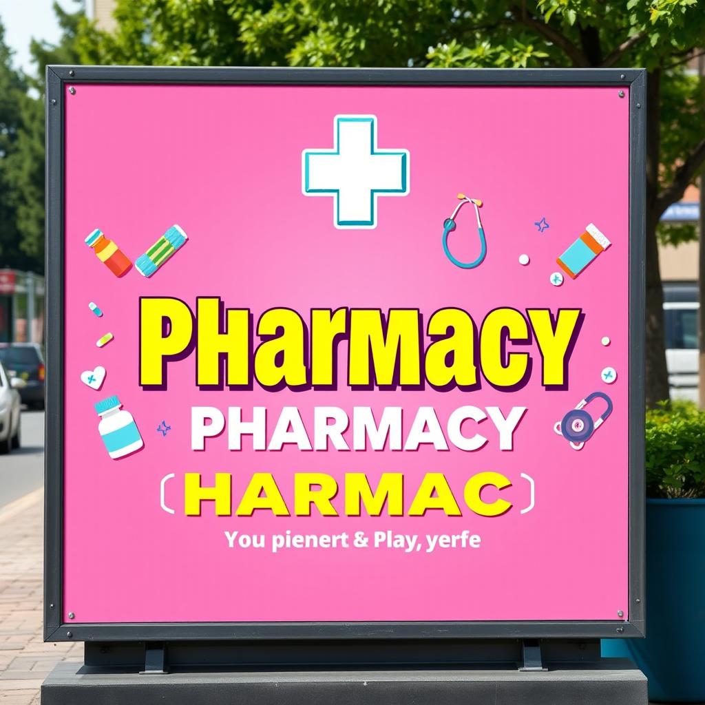 An eye-catching outdoor advertisement for a pharmacy, featuring a pink background