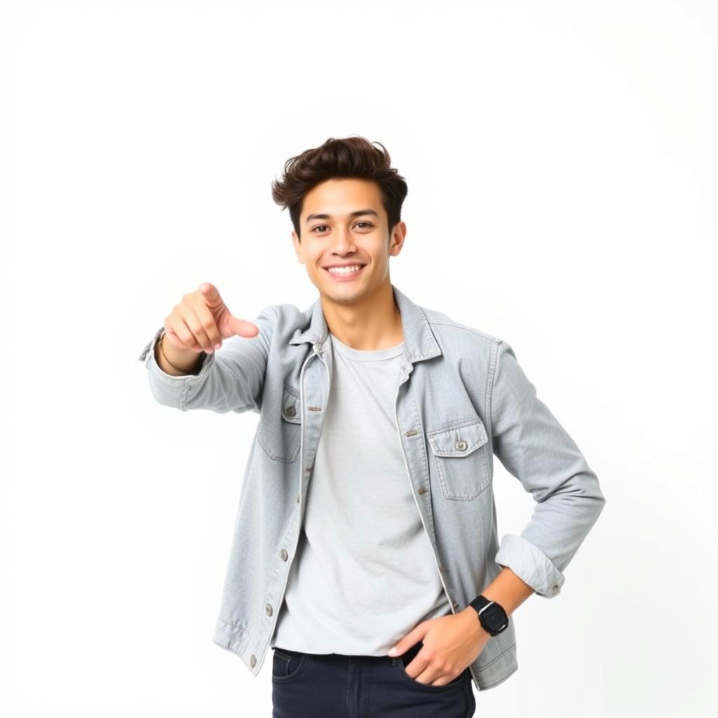 A handsome young man standing on the right side of the image, confidently pointing toward the left side