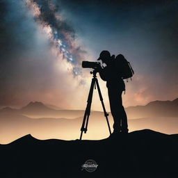 Create a unique logo using the last image of a realistic scene of a silhouette photographer, with his camera set on a tripod against the Milky Way.