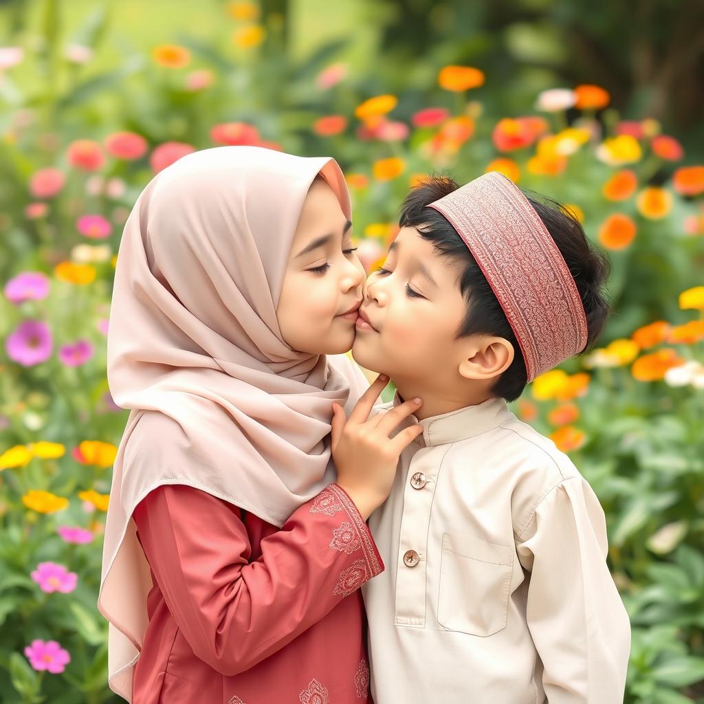 A tender and innocent scene depicting a young Muslim girl and a boy sharing a sweet and playful kiss on the cheek