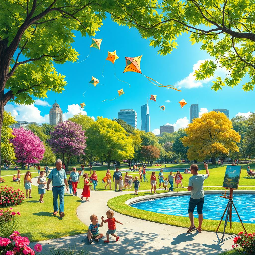 A vibrant and colorful scene of a bustling city park during a sunny day, filled with lush, green trees, blooming flowers, and diverse groups of people enjoying the outdoors