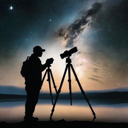 Create a unique logo using the last image of a realistic scene of a silhouette photographer, with his camera set on a tripod against the Milky Way.