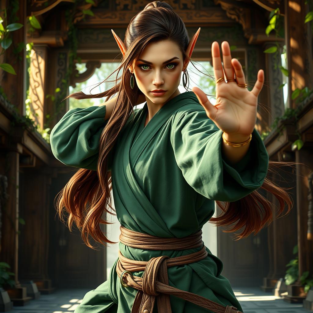 A majestic wood elf female monk, characterized by her flowing brown hair, vibrant copper skin, and striking green eyes