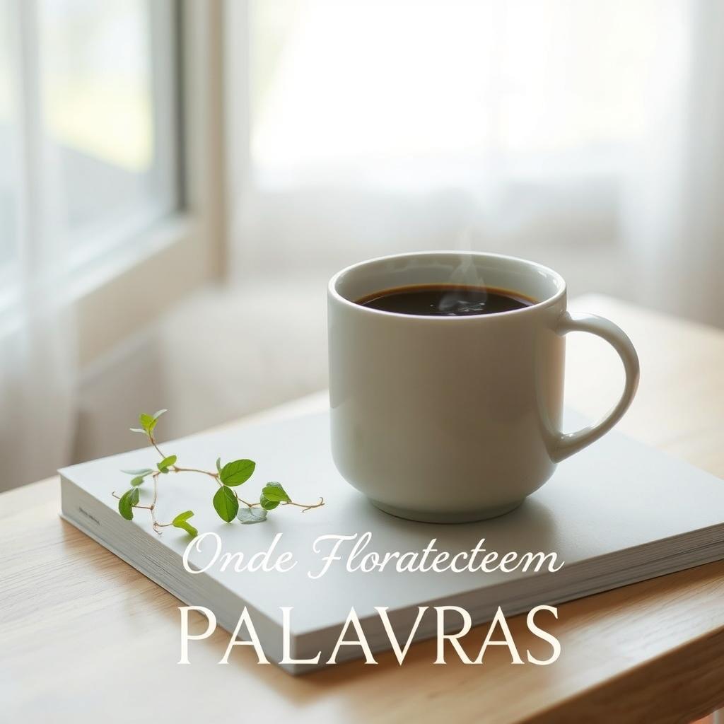 A serene and minimalist book cover featuring a steaming cup of hot coffee on a light wooden table
