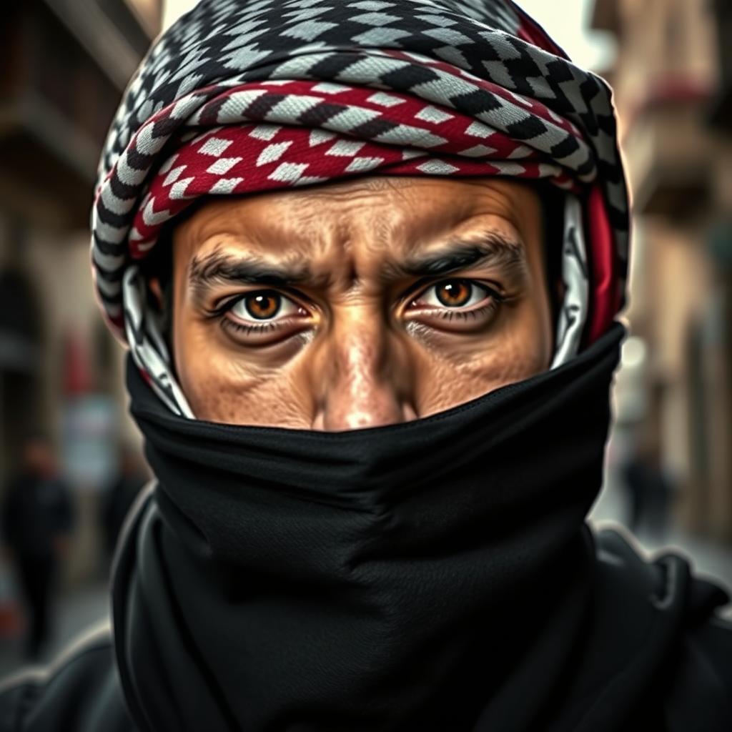 A young Palestinian man wearing a keffiyeh, with only his eyes visible, exuding a sense of mystery and cultural pride