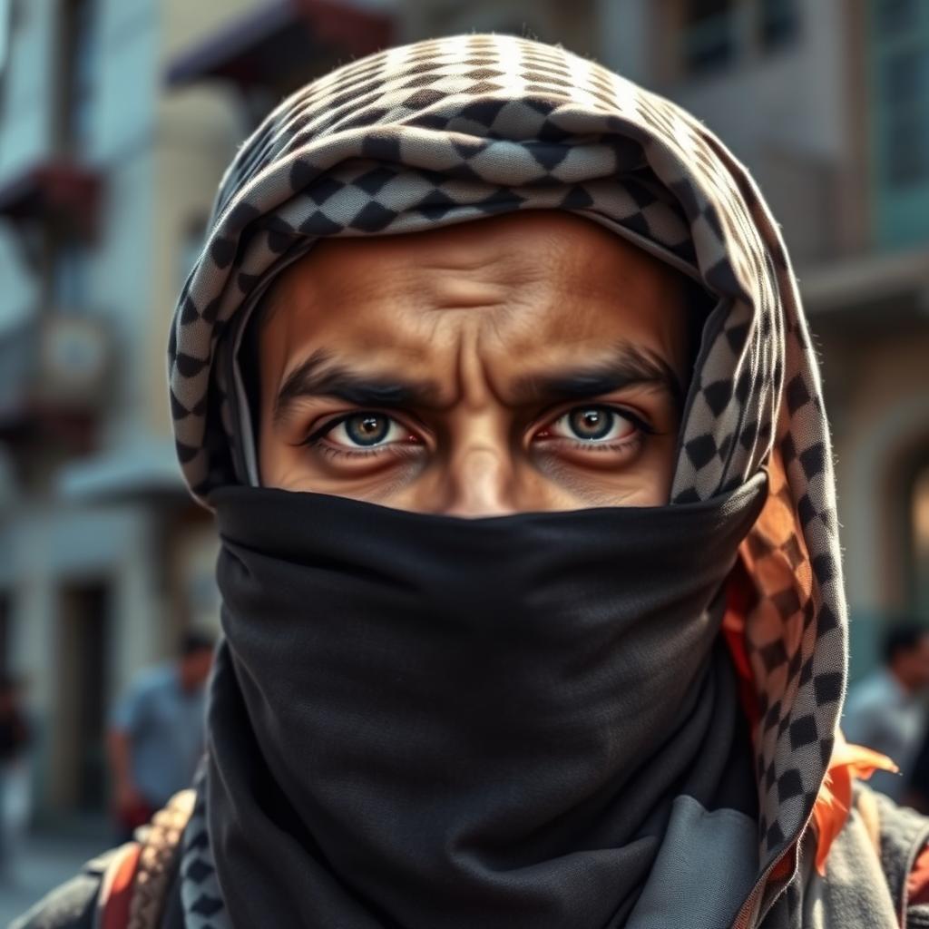 A 25-year-old Palestinian man wearing a keffiyeh, with only his eyes visible, exuding a sense of mystery and cultural pride