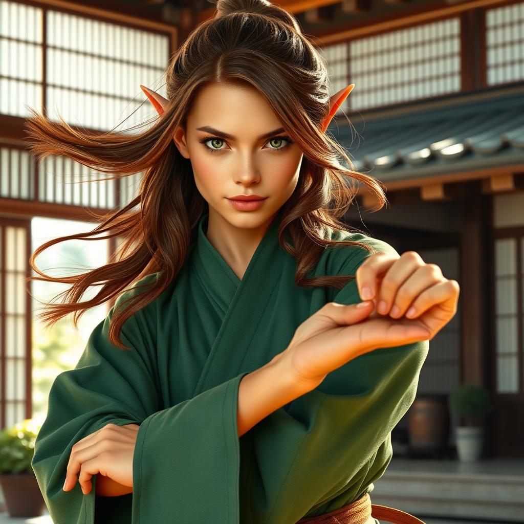 A majestic wood elf female monk, featuring flowing brown hair, vibrant copper skin, and captivating green eyes