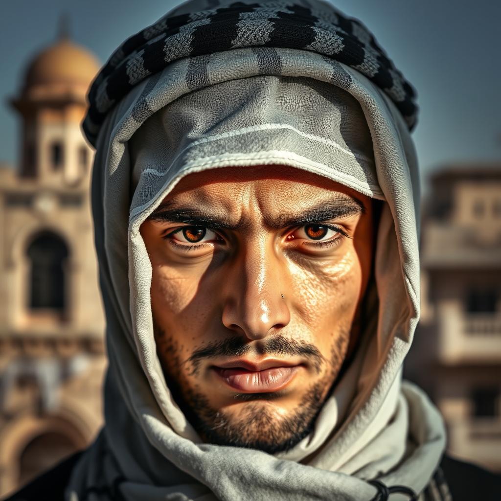 A young Palestinian man with only his eyes visible, covered by a traditional keffiyeh
