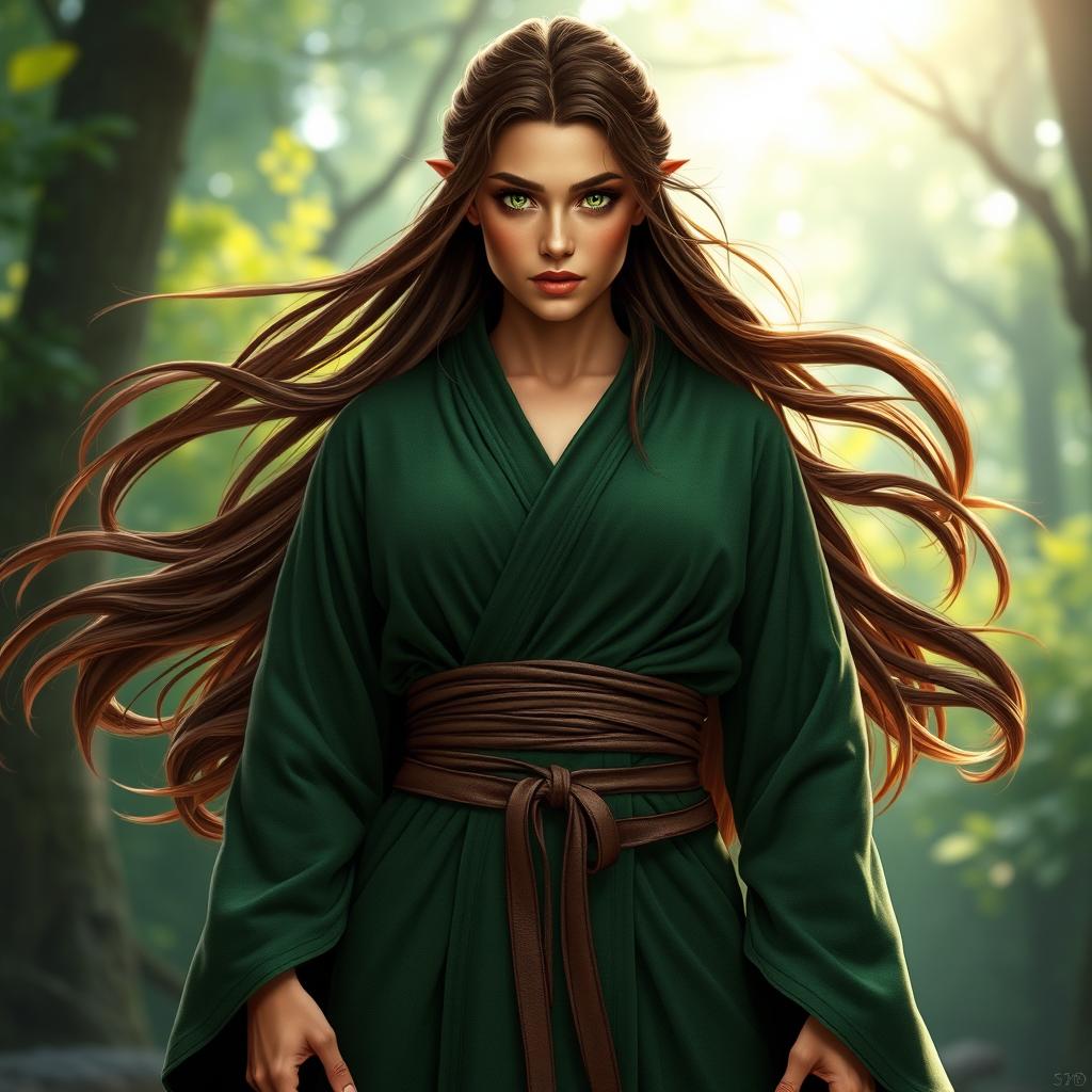 A powerful wood elf female monk, showcasing her strong presence with flowing brown hair, rich copper skin, and piercing green eyes