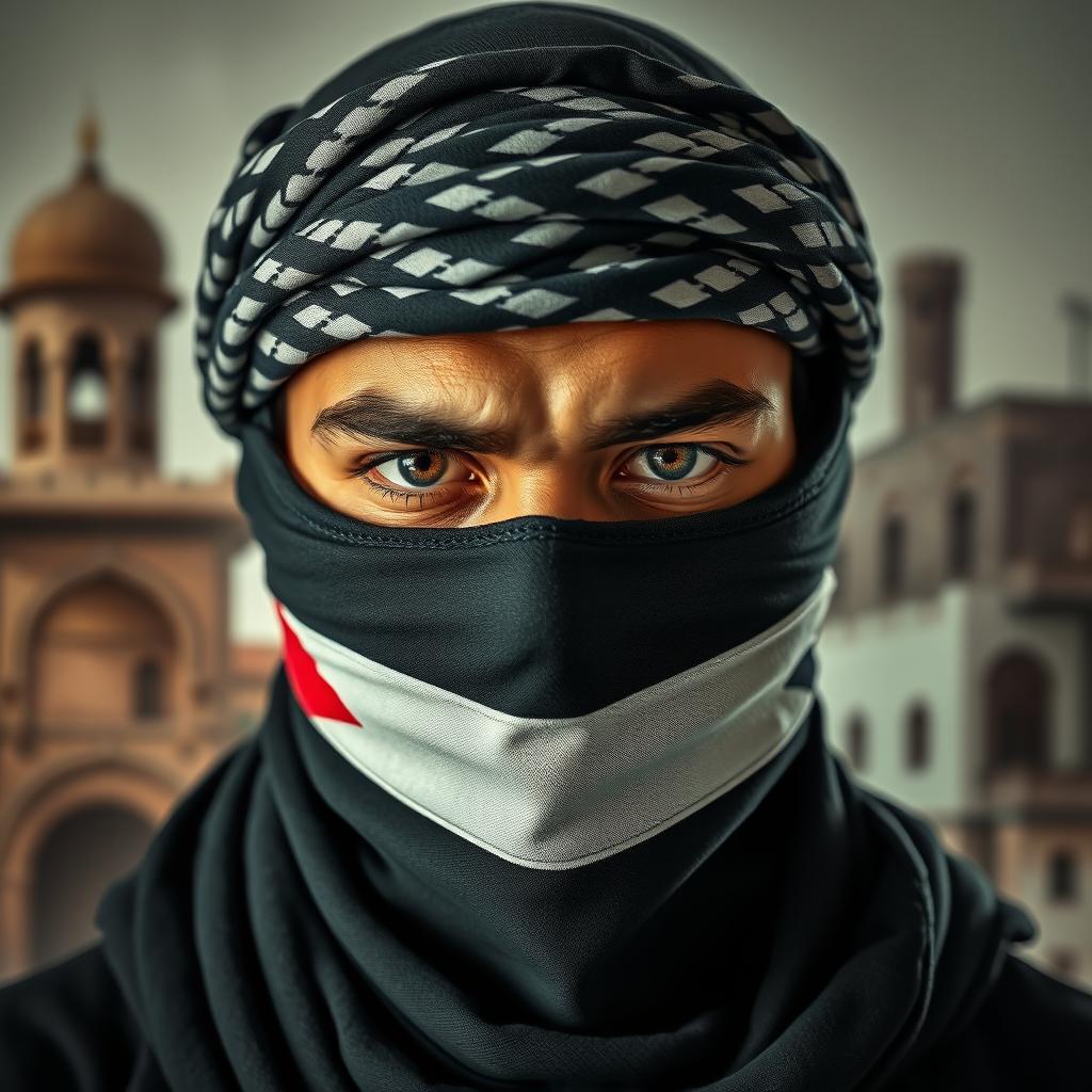 A young Palestinian man fully masked with a keffiyeh, revealing only his intense eyes