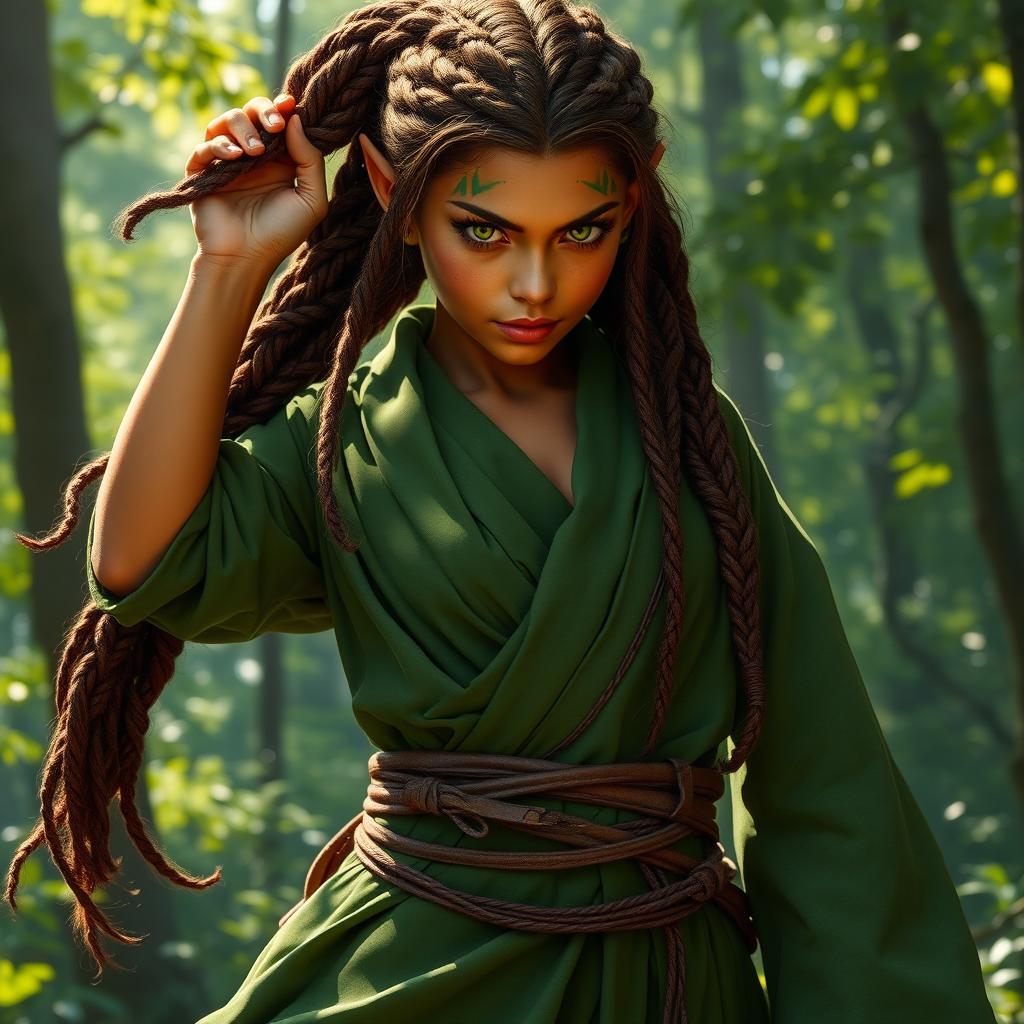 A powerful wood elf female monk with intricately braided brown hair, rich copper skin, and vivid green eyes that reflect strength and wisdom