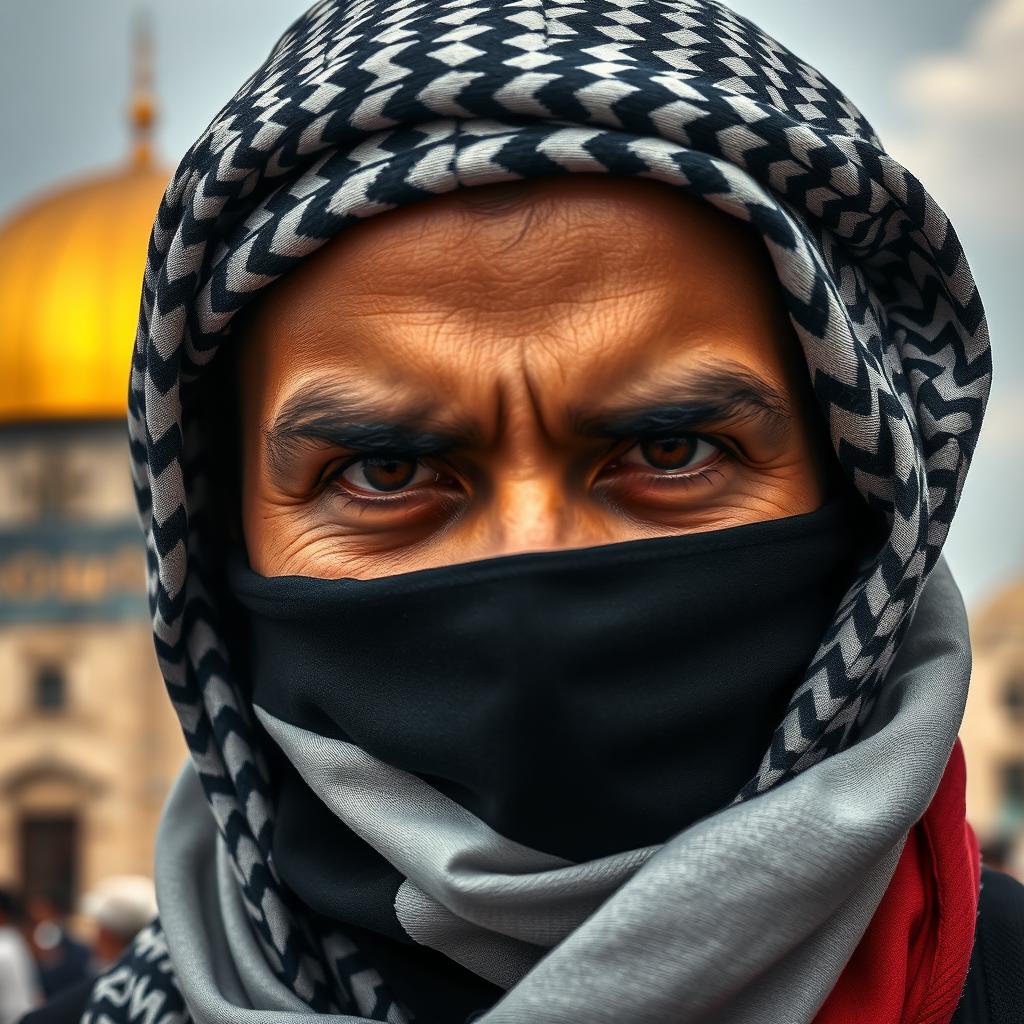 A 25-year-old Palestinian man wearing a keffiyeh, with only his intense eyes visible