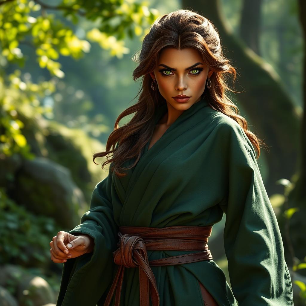 A powerful wood elf female monk with elegantly waved brown hair, deep dark copper skin, and striking green eyes that reflect wisdom and strength