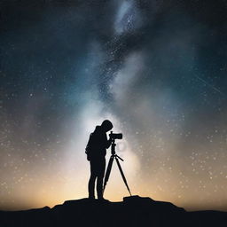 Create a unique logo using the last image of a realistic scene of a silhouette photographer, with his camera set on a tripod against the Milky Way.