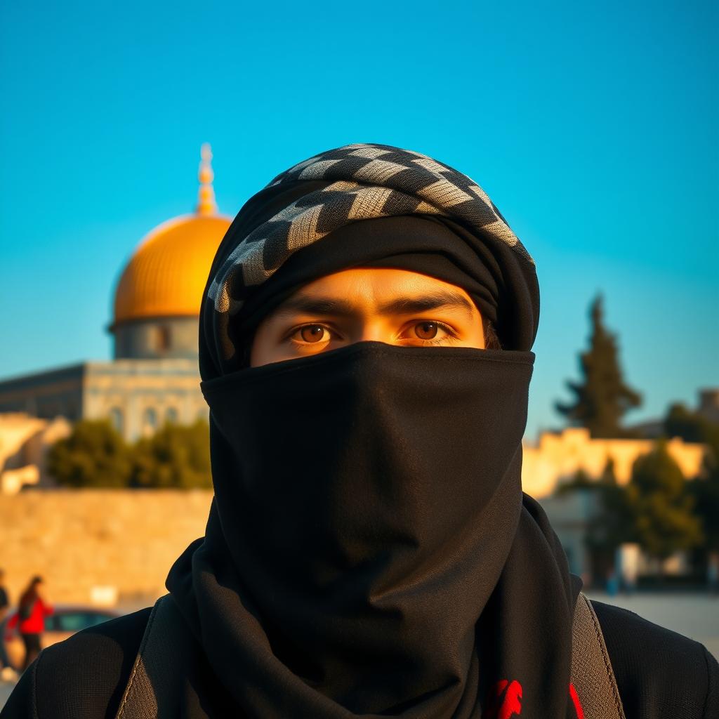A young Palestinian man, largely masked with a keffiyeh, with only his expressive eyes visible