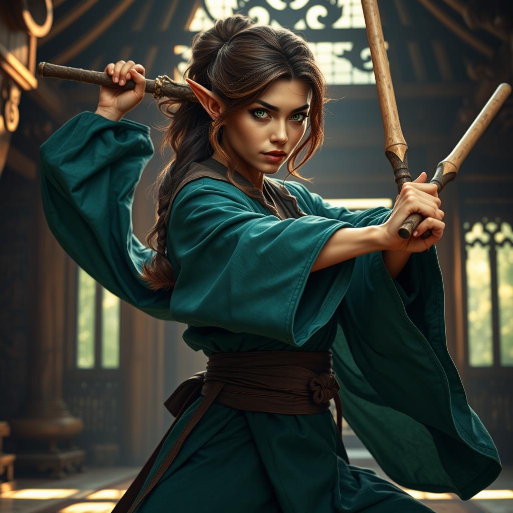 A powerful wood elf female monk, exhibiting strength and grace with elegantly waved brown hair, deep dark copper skin, and vivid green eyes