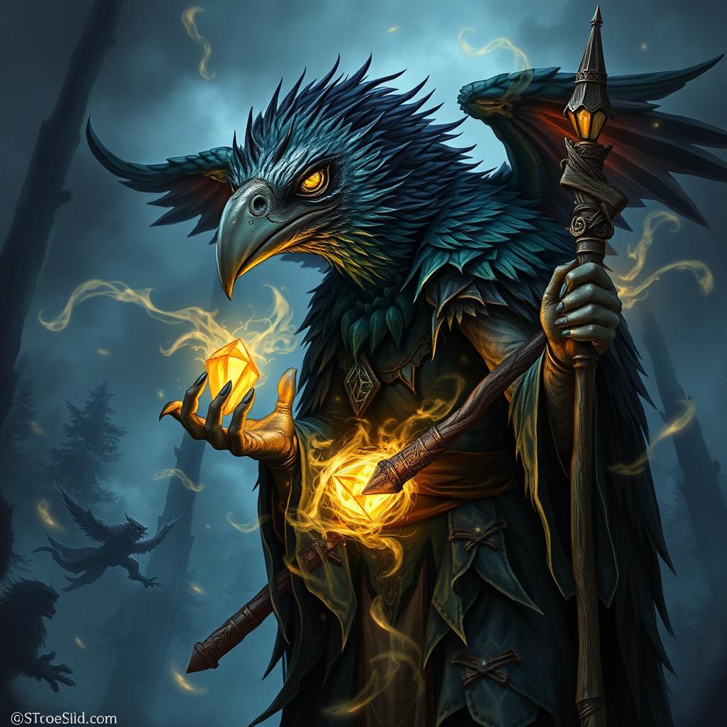 An evil aarakocra wizard, with vulture-like features, commanding dark magical powers