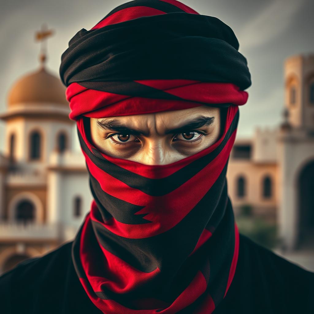 A young Palestinian man fully masked with a keffiyeh in vibrant red and black, revealing only his intense eyes