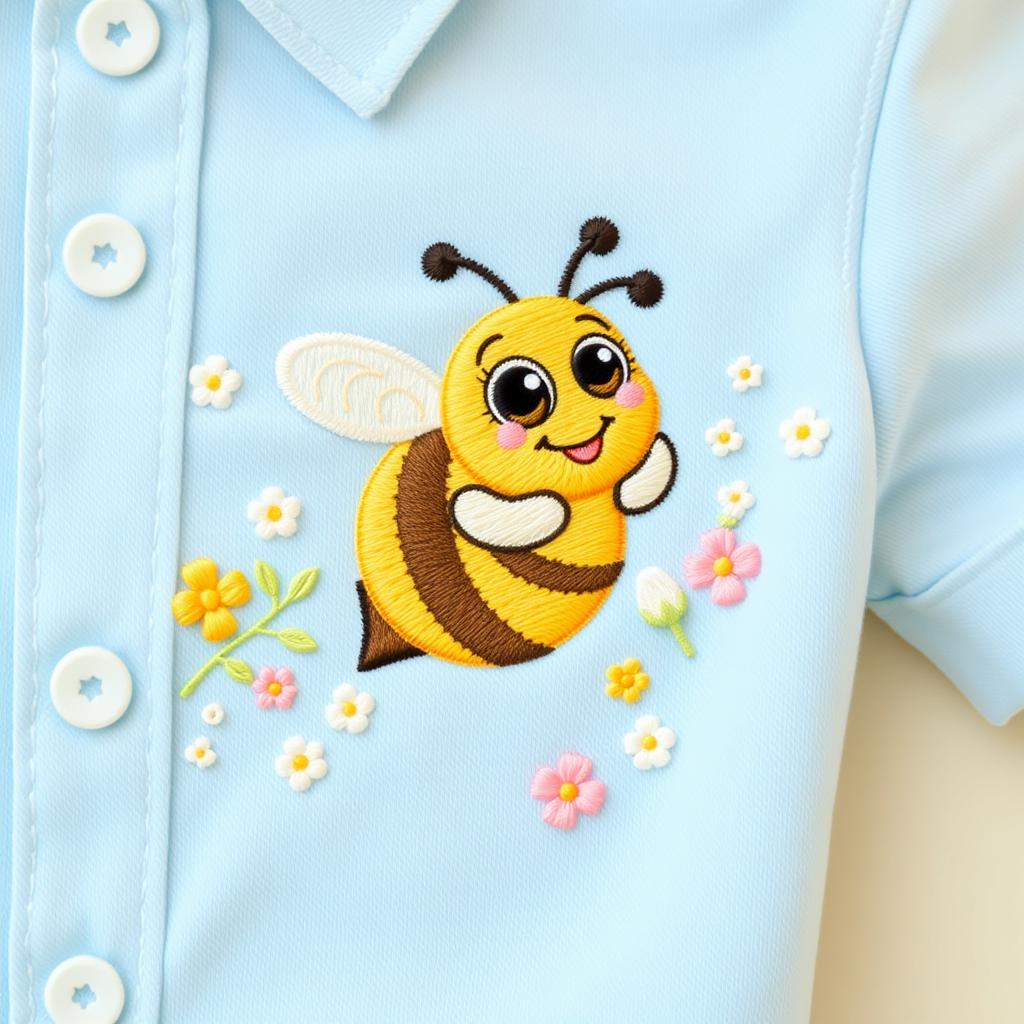 A charming and unique embroidery design for a baby boy's shirt featuring a whimsical flying honeybee