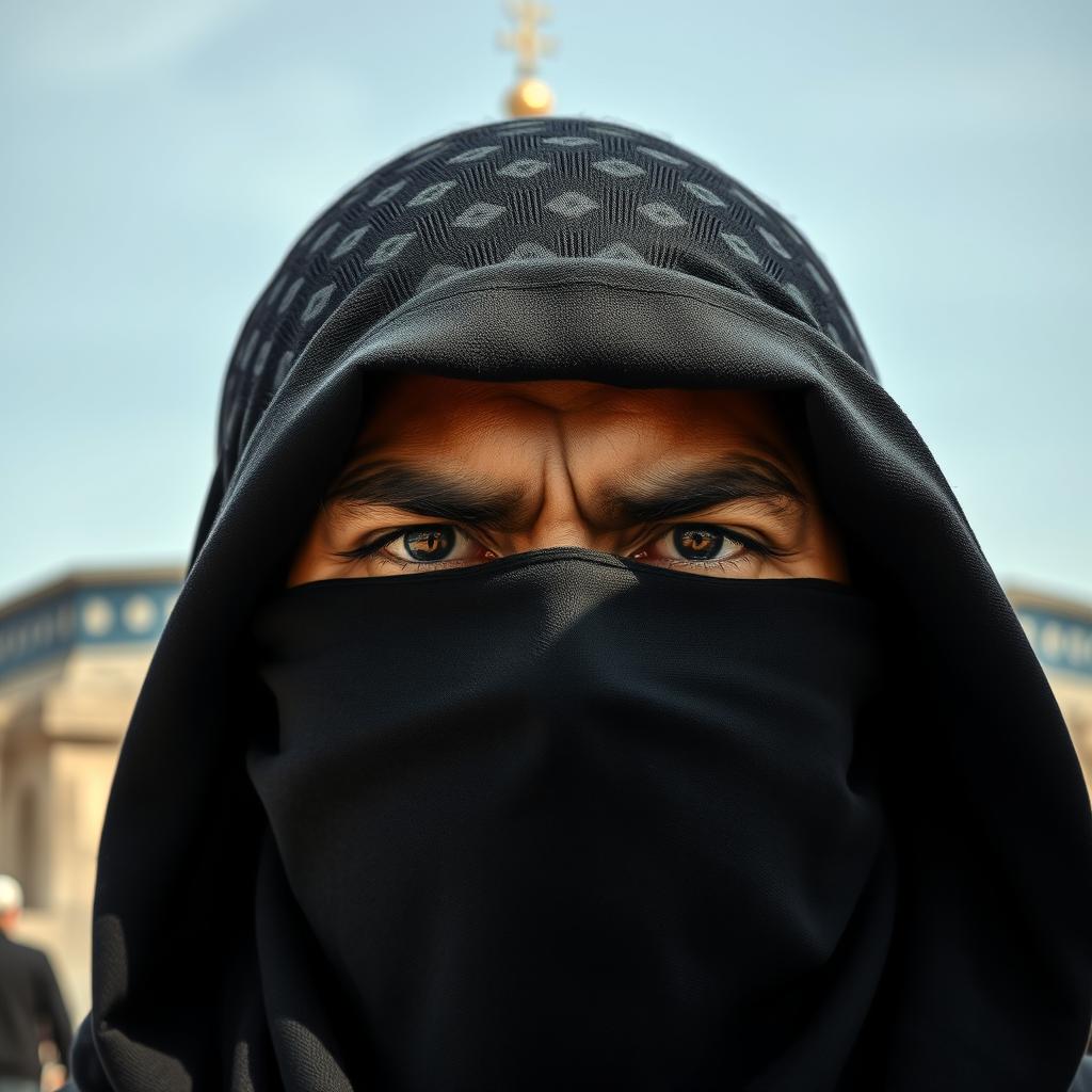 A 25-year-old Palestinian man wearing a black keffiyeh, with only his fierce eyes visible