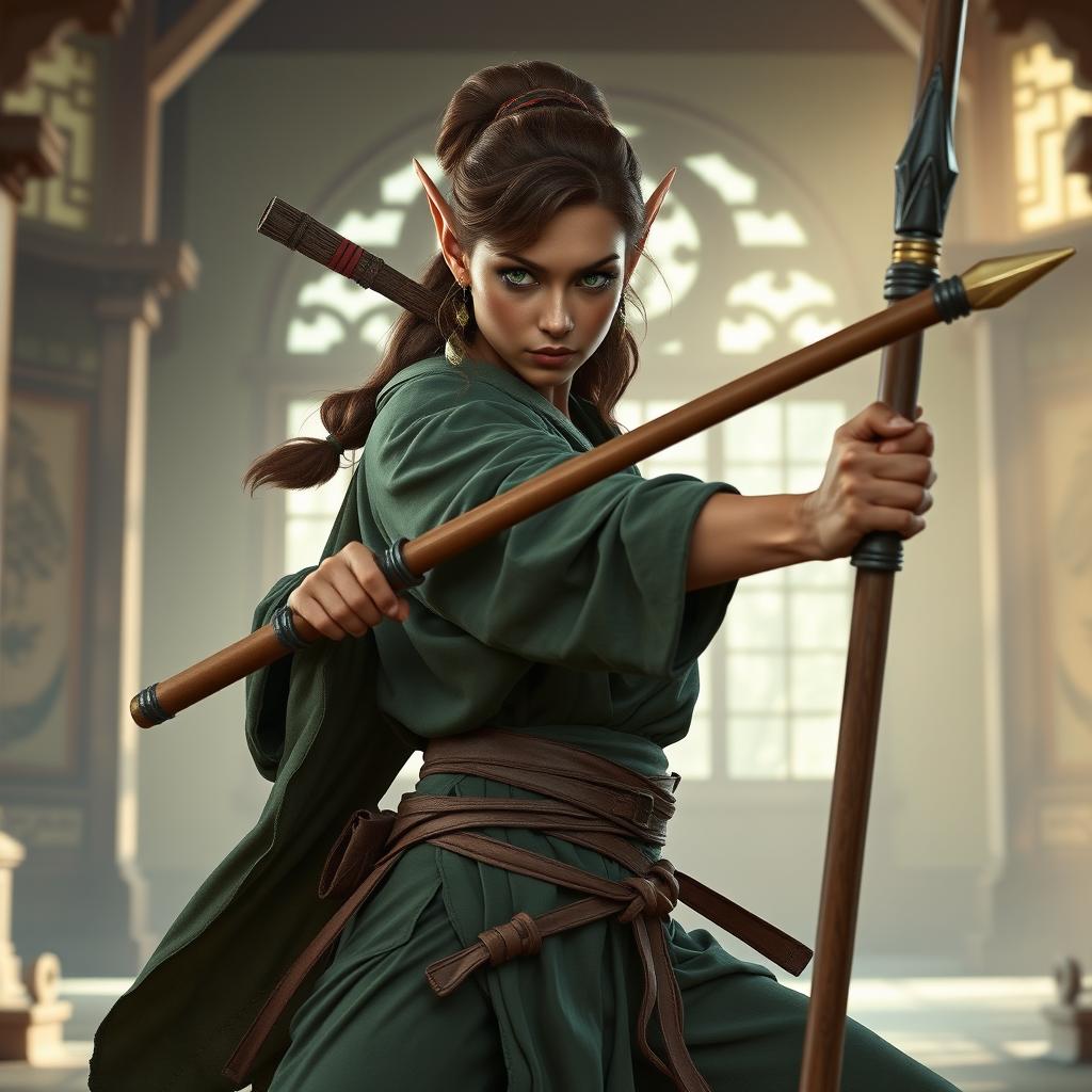 A tough wood elf female monk, showcasing her strength and determination, with waved brown hair, deep dark copper skin, and intense green eyes