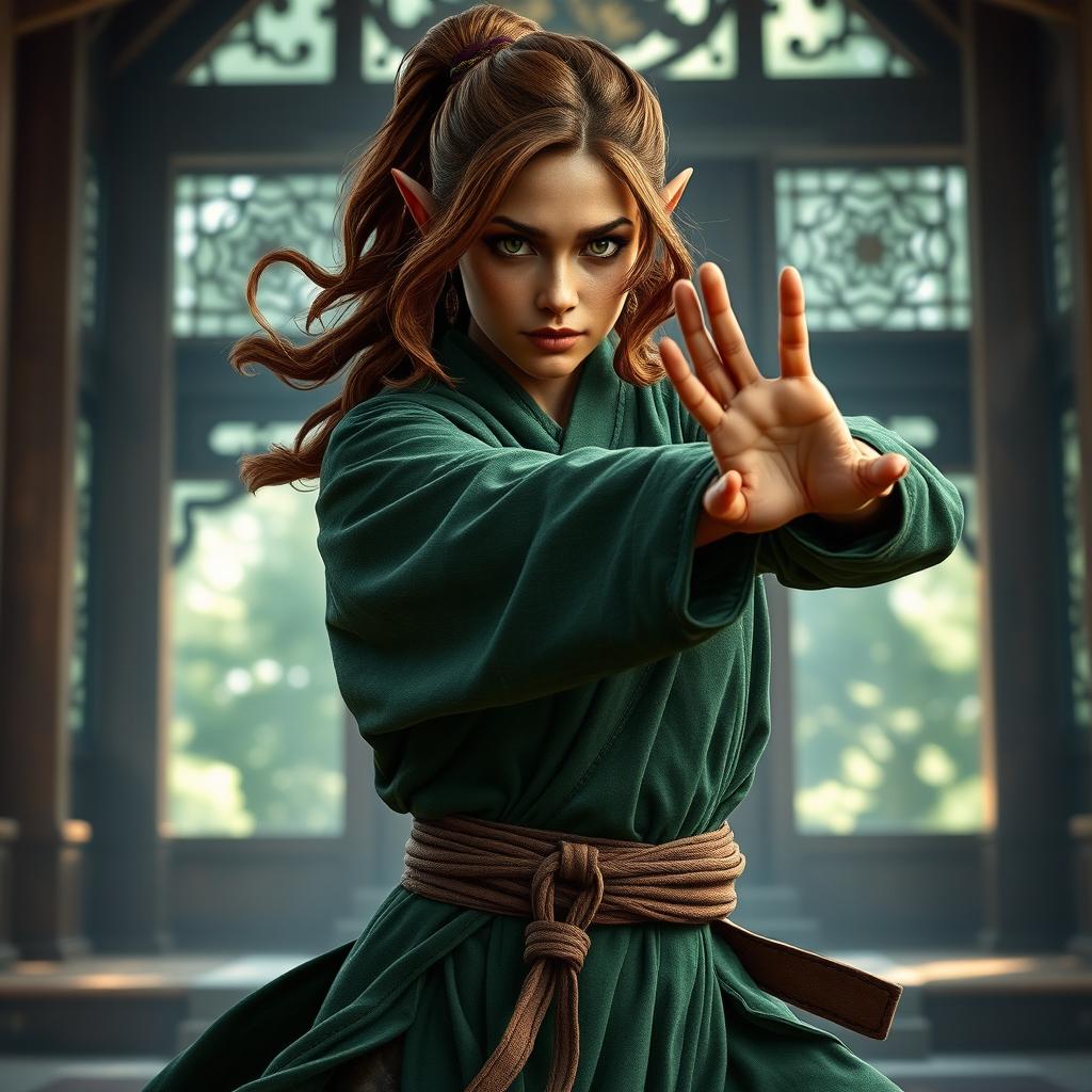 A tough and powerful wood elf female monk, embodying strength and resilience, with elegantly waved brown hair, deep dark copper skin, and piercing green eyes