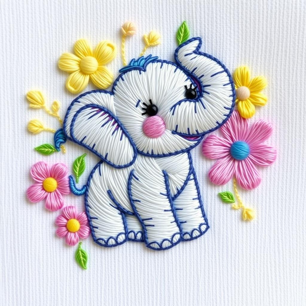 A charming small elephant design for embroidery, featuring intricate detailing in the trunk and ears