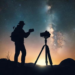 Create a unique logo using the last image of a realistic scene of a silhouette photographer, with his camera set on a tripod against the Milky Way.