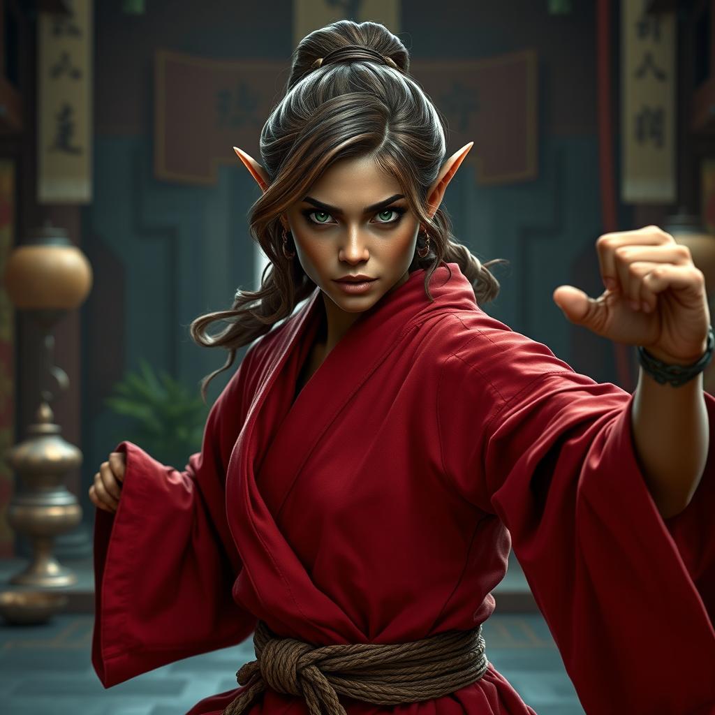 A tough and powerful wood elf female monk, radiating strength and resilience, with elegantly waved brown hair, deep dark copper skin, and striking green eyes