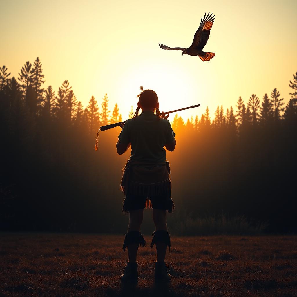 A serene clearing in a dense forest at dawn, featuring a young Native American man from behind at the center of the scene