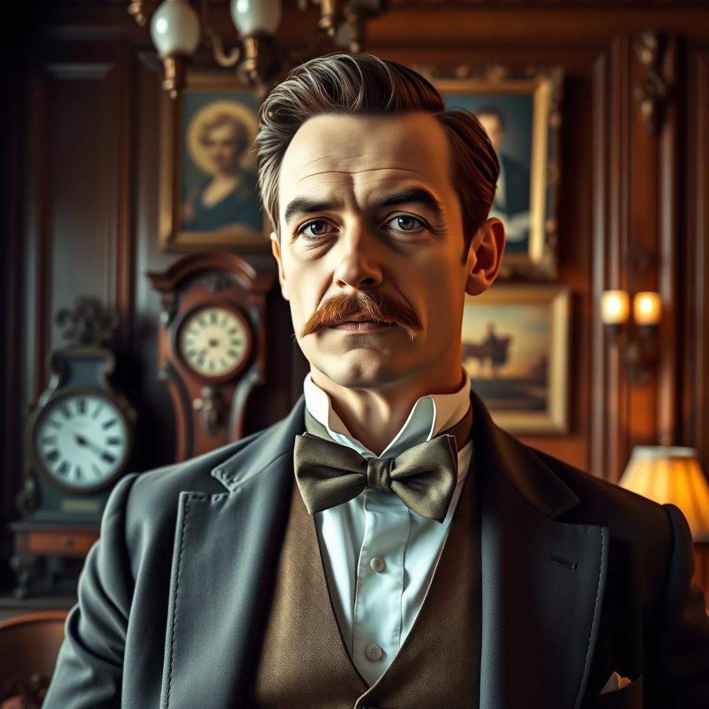 A classic portrait of a gentleman in vintage clothing, set in an elegant old-world interior with rich wood paneling and ornate details