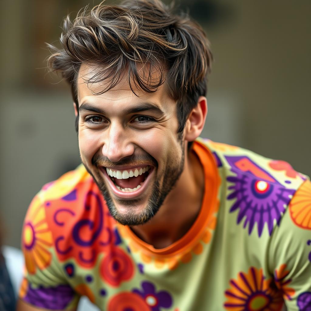 A joyful man with a playful smile, wearing a vibrant t-shirt with a fun pattern, showcasing excitement and liveliness