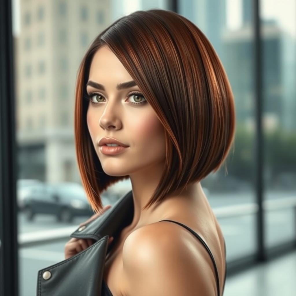 A stylish bob haircut, showcasing its sharp lines and elegant shape, with a rich chestnut color