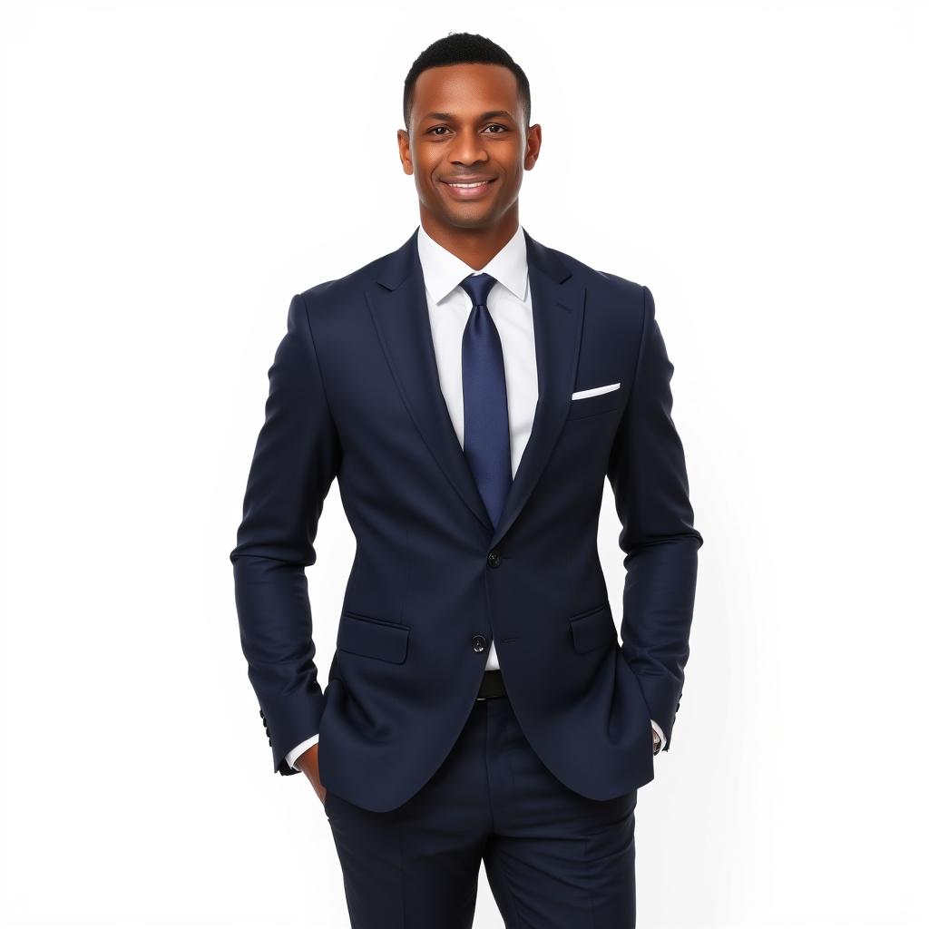 A confident and stylish man wearing a well-fitted formal suit, standing against a clean white background