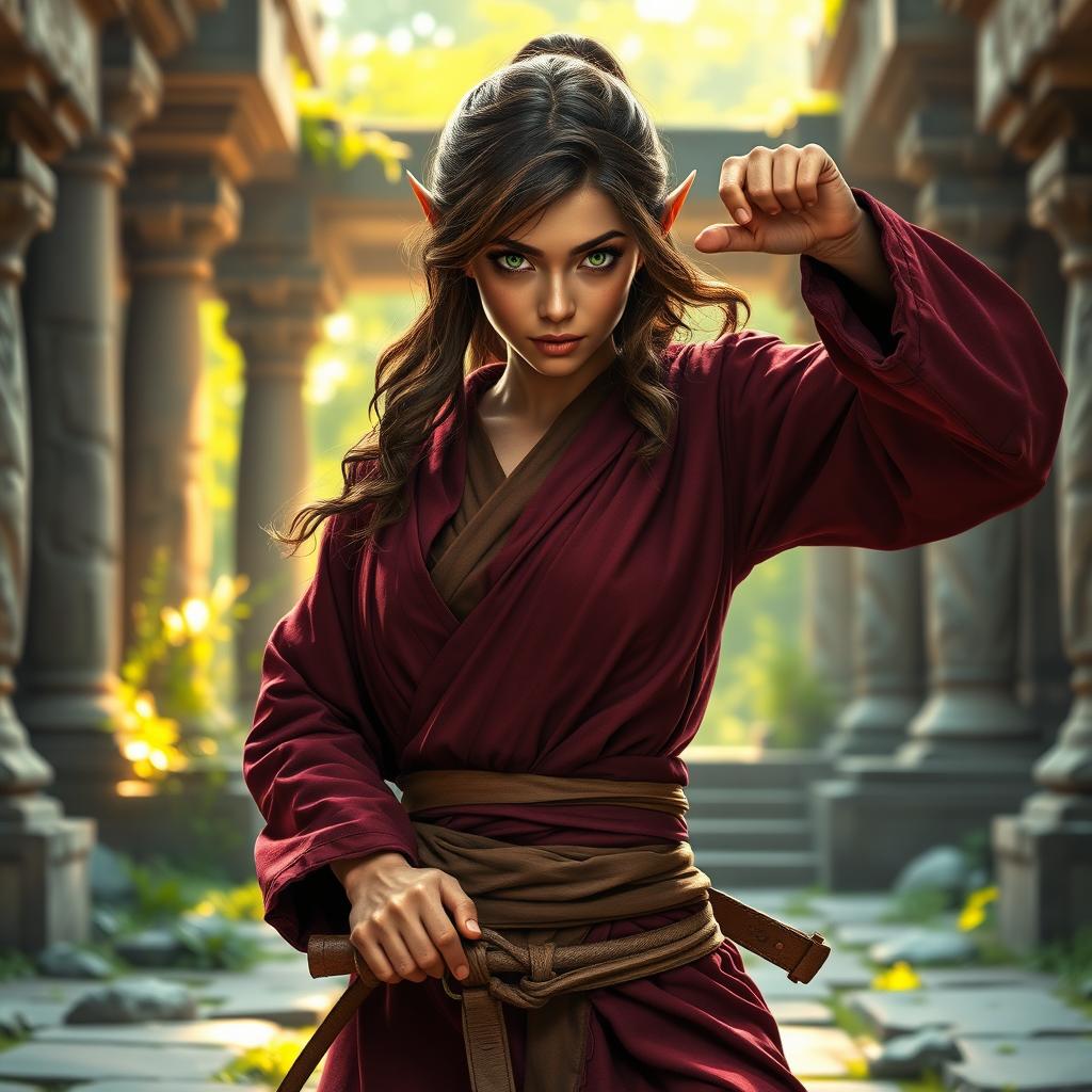 A powerful wood elf female monk with wavy brown hair and dark copper skin, showcasing radiant green eyes