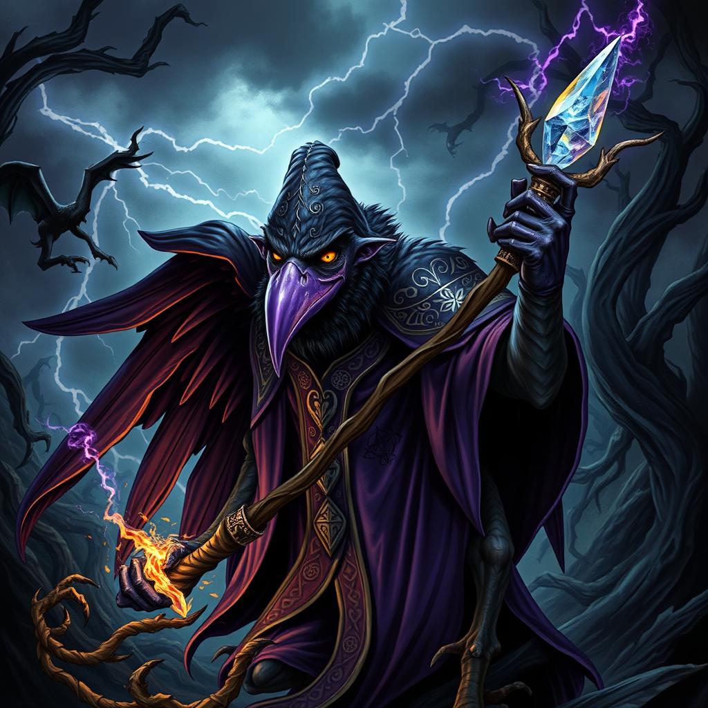 An evil aarakocra wizard, featuring vulture-like characteristics, with striking purple jowls and flowing purple robes adorned with intricate silver patterns and arcane symbols