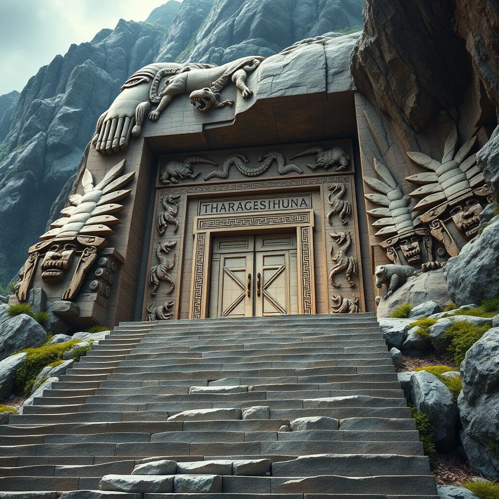 A breathtaking mountain scene featuring stone steps that gracefully ascend to a majestic square stone structure embedded within the mountain