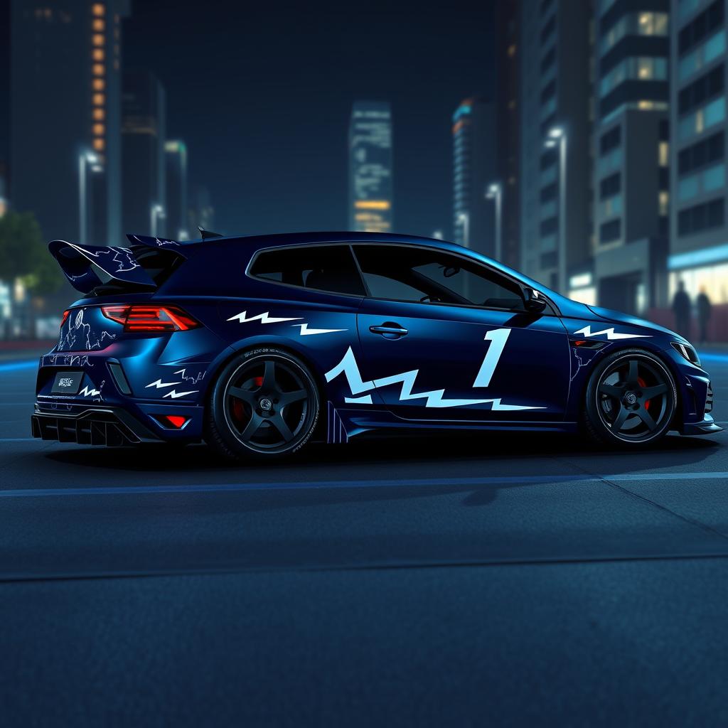 A digital 2D art piece of a sporty hatch tuning car with a widebody design and a medium-sized spoiler that follows the car's shape