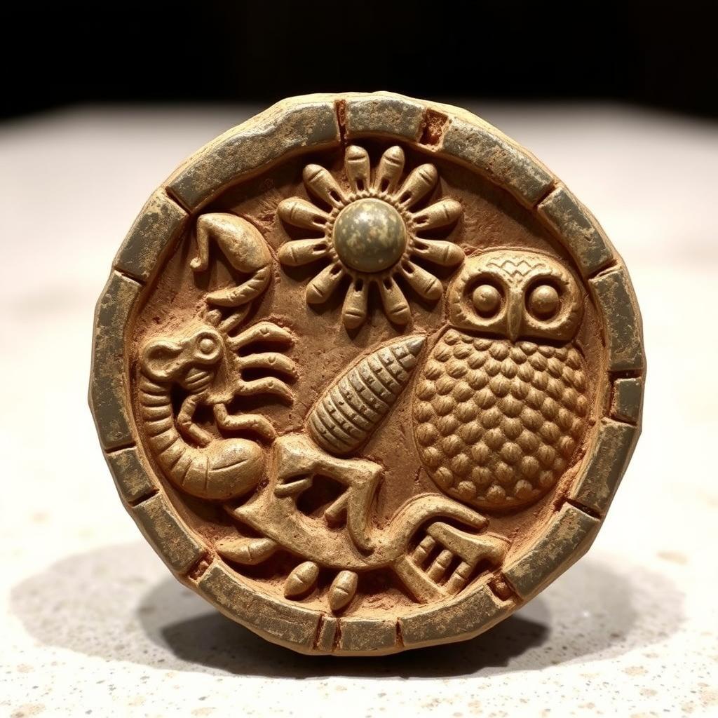 An ancient stone talisman intricately carved with detailed stone reliefs depicting a scorpion, a radiant sun, and an owl's talon