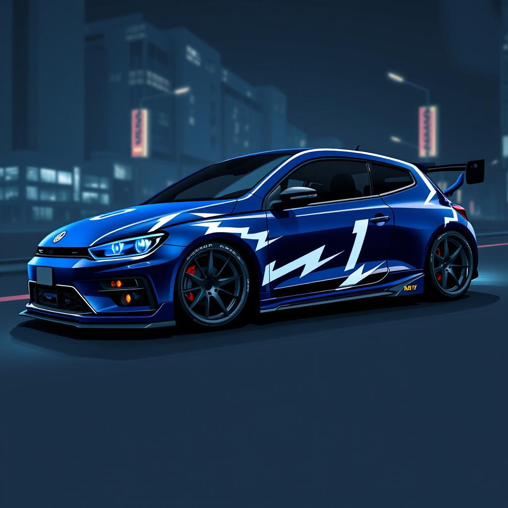 A 2D digital artwork of a sporty tuning hatchback car, inspired by the Volkswagen Scirocco R